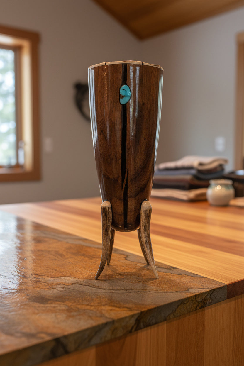 Walnut Vessel with Deer Antler Segments and Turquoise Inlay