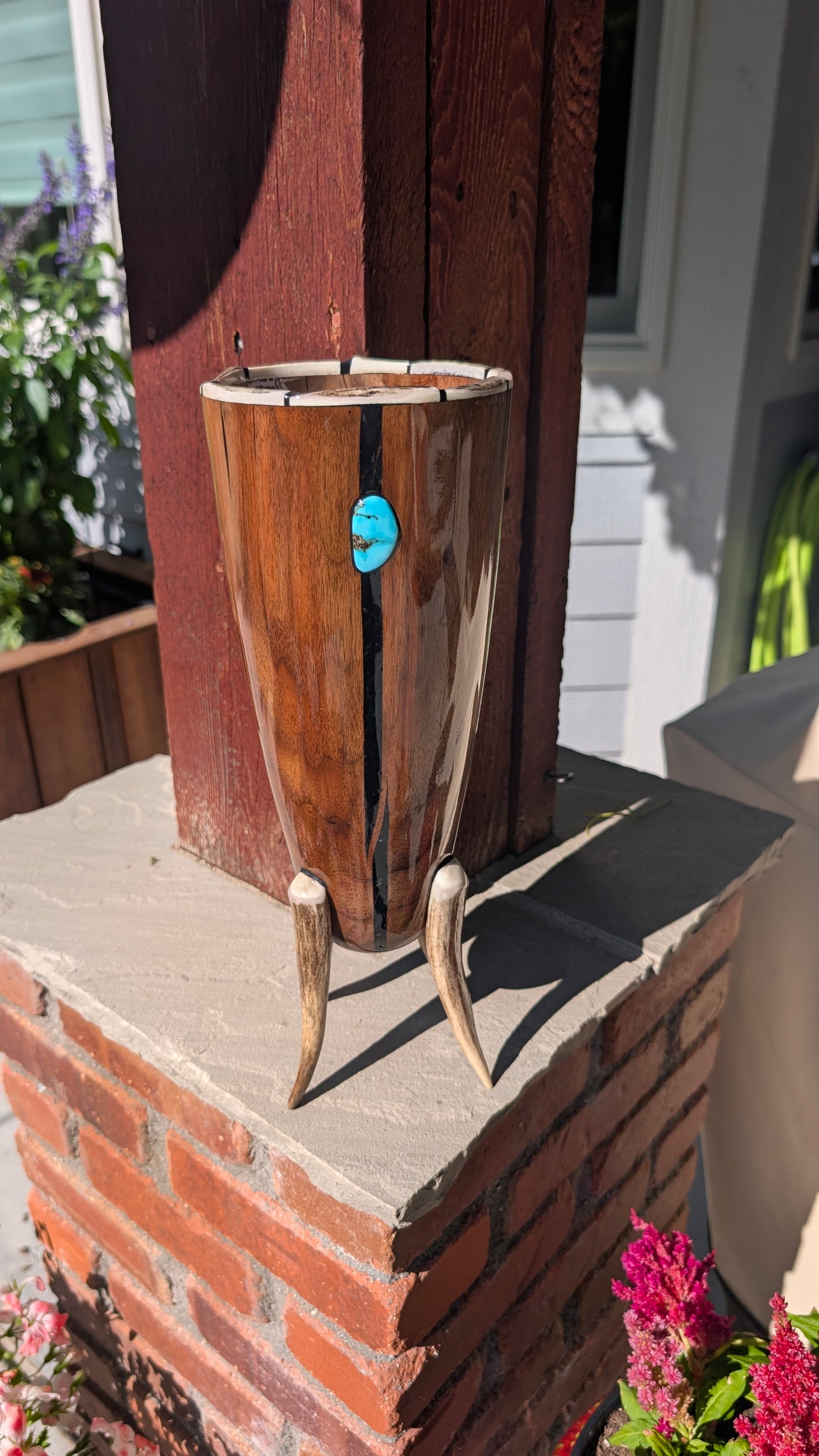 Walnut Vessel with Deer Antler Segments and Turquoise Inlay
