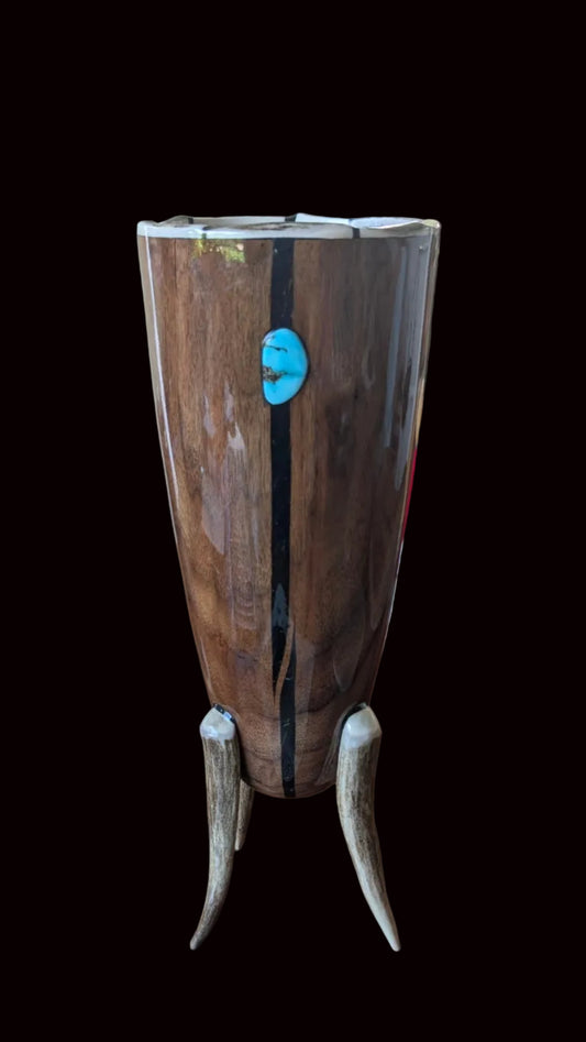 Colorado Walnut Vessel with Deer Antler Segments and Turquoise Inlay