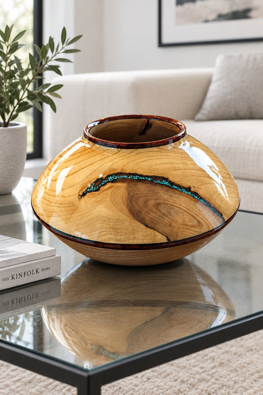 Colorado Maple and Ash Vessel with Bloodwood and Padauk Segments and Turquoise Inlay "Saturn"